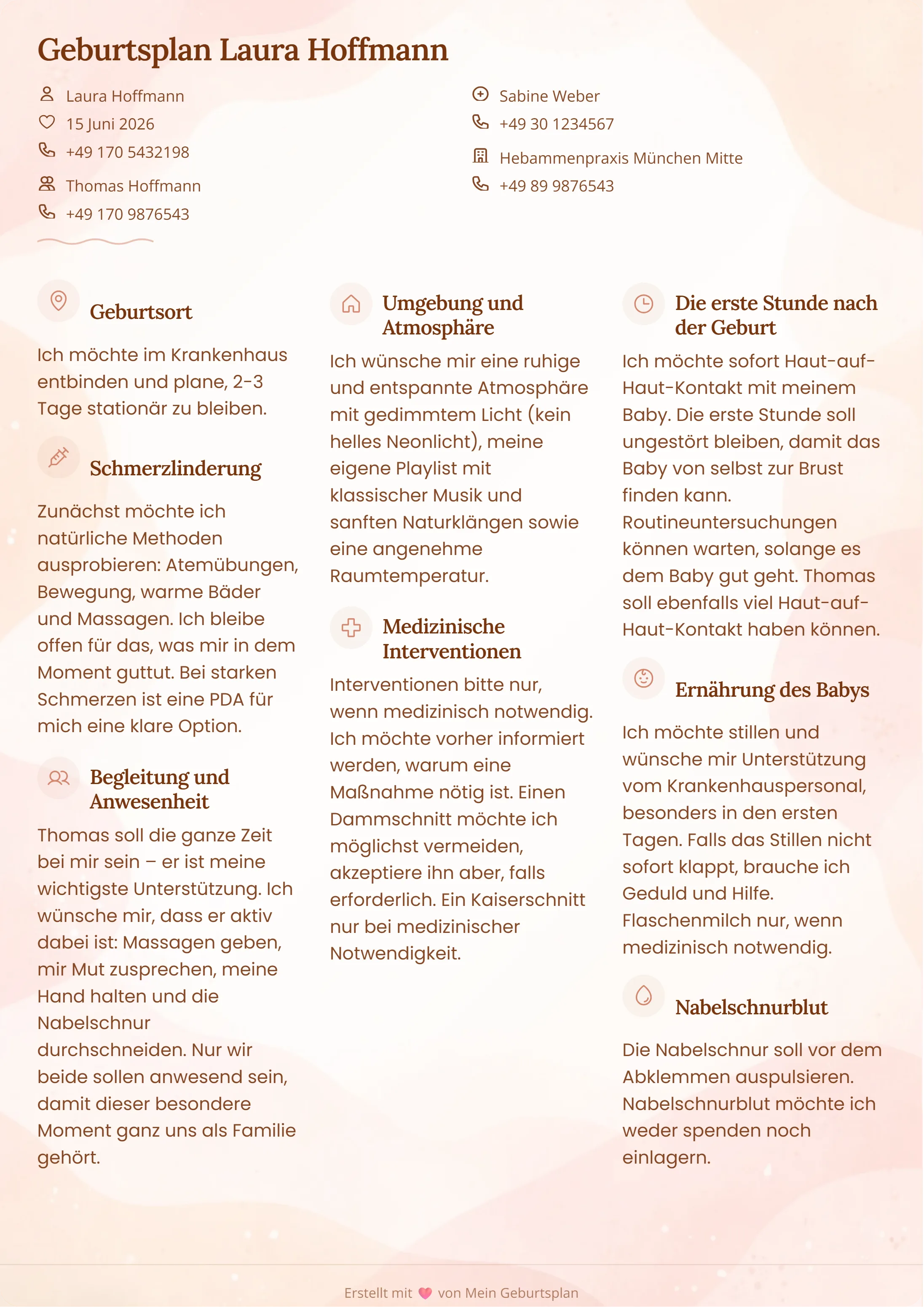 Geburtsplan Beispiel im warmen Rosé-Design mit Themen wie Geburtsort, Schmerzlinderung, Begleitung, Umgebung und Bonding nach der Geburt