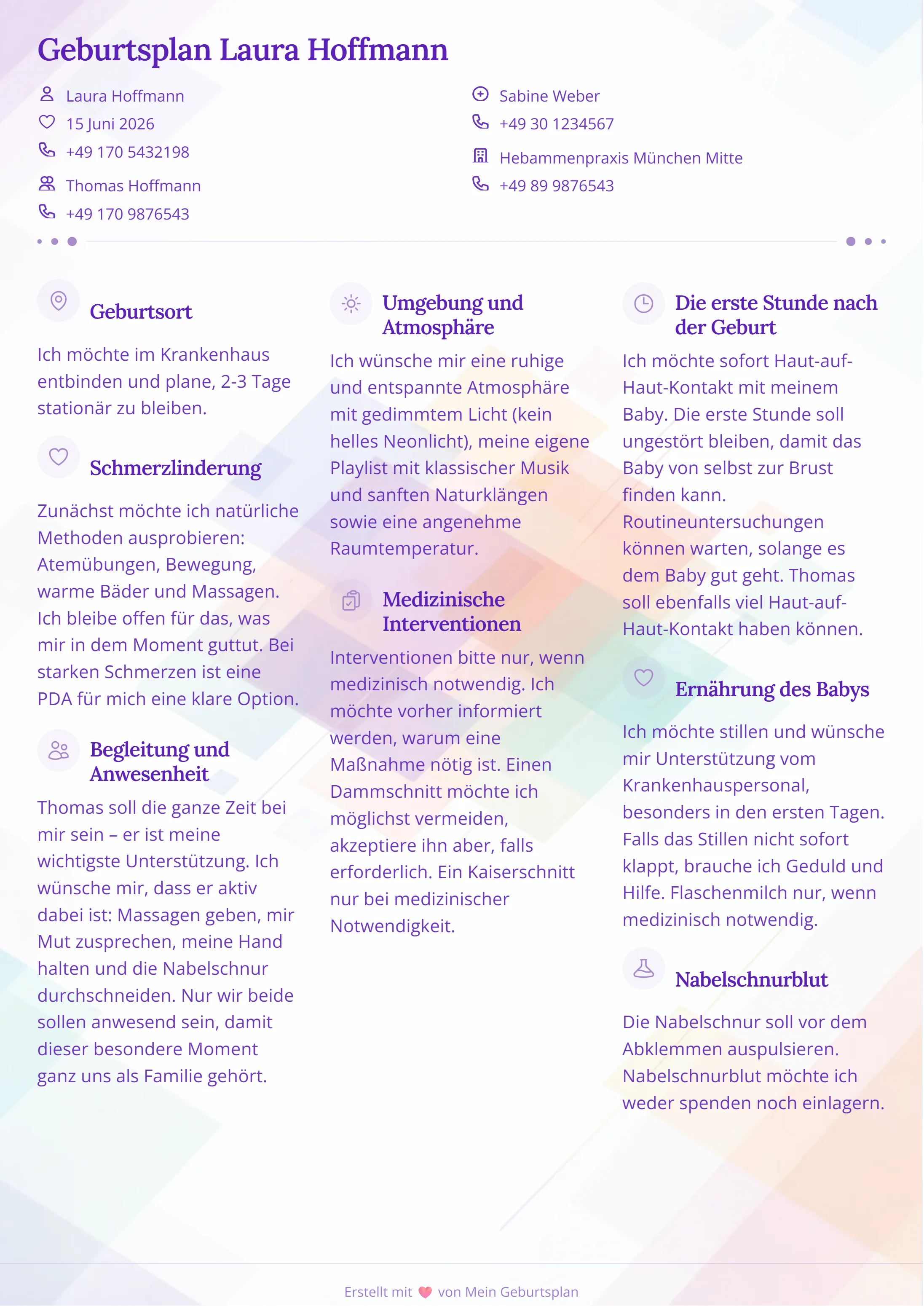 Geburtsplan Beispiel im modernen Lila-Design mit persönlichen Wünschen zu Geburt, medizinischen Interventionen und Ernährung des Babys